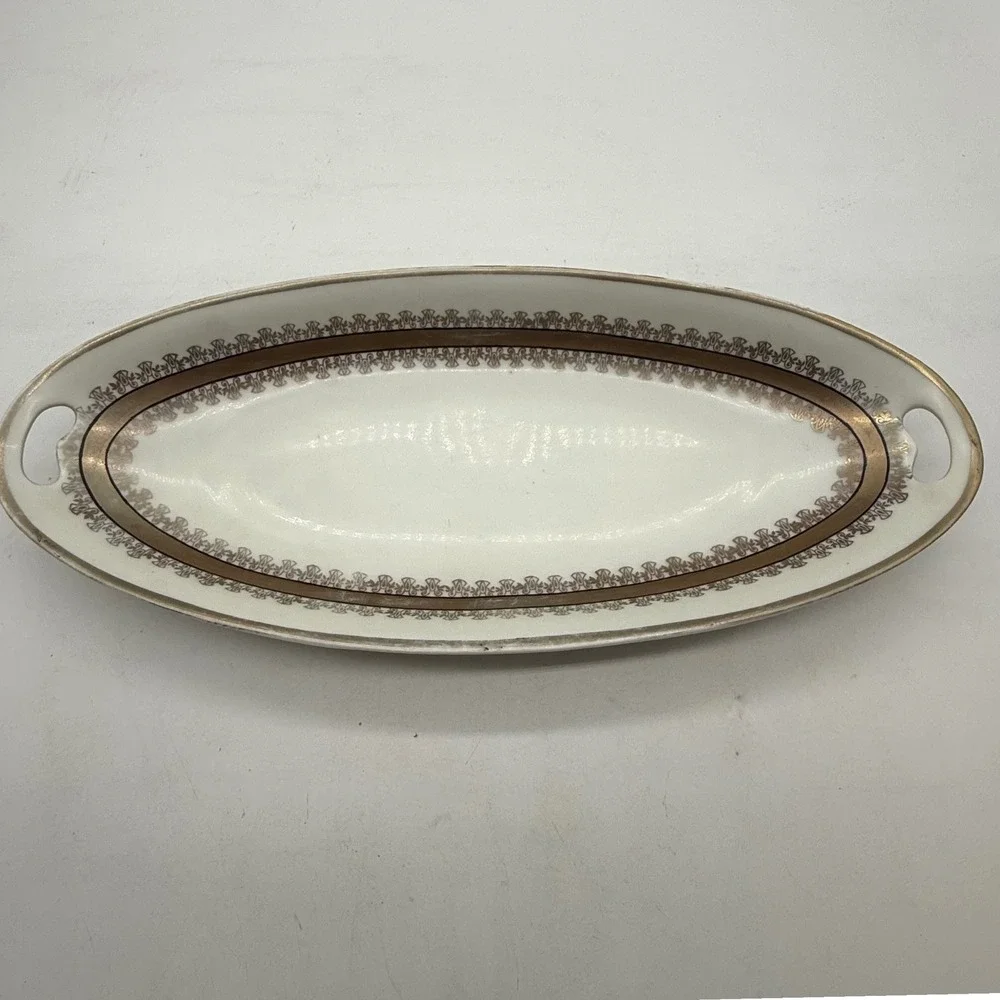 PV Vessra Germany Porcelain Oval Serving Bread Dish Gold Trim Handles art deco‎